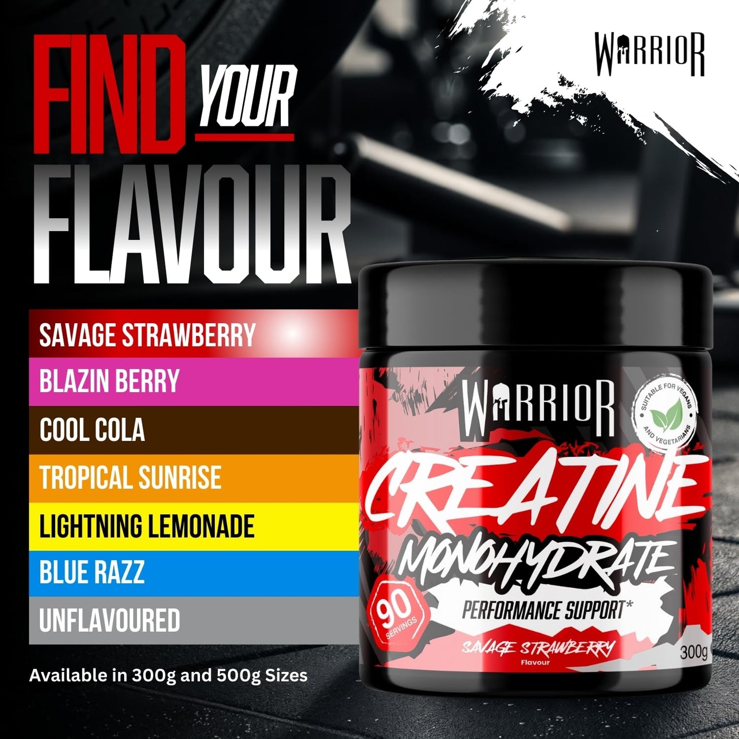 Warrior Flavoured Creatine Monohydrate Powder 300g (90 Servings) – Creatine Powder Drink, Creatine for Performance, Strength & Recovery (Not Creatine Gummies or Tablets) – Savage Strawberry