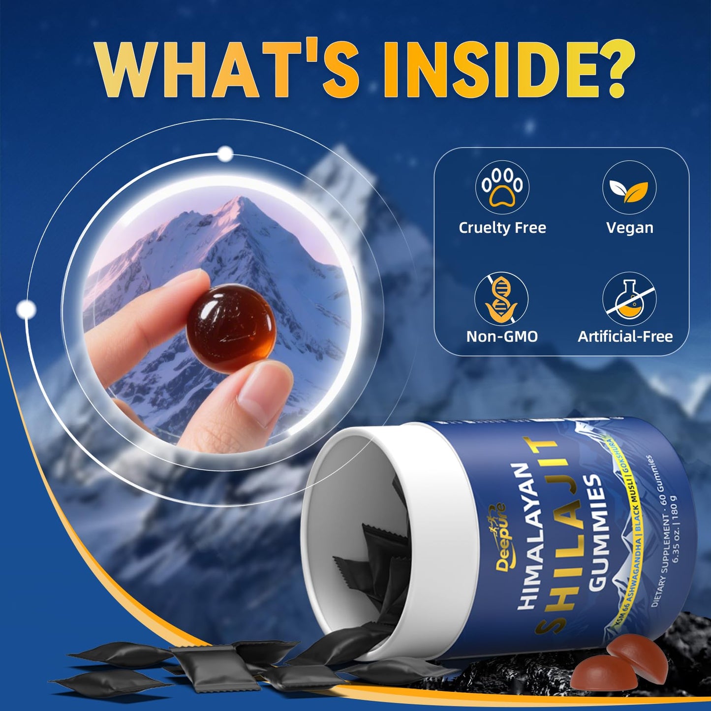 Deepure Pure Himalayan Shilajit Gold Gummies - Vegan Formula with Fulvic Acid and 85+ Trace Minerals for Vitality and Energy Support (60 Individually Wrapped Gummies)