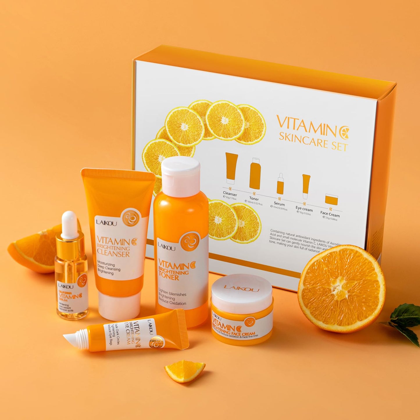 LAIKOU SkinCare Set, Vitamin C Serum for Face Skin Care Sets & kits with Cleanser, Toner, Serum, Eye Cream & Face Cream, Pamper Gift Set for Teenage Girls/Women, Travel Kit for Anti-Aging, 5pcs