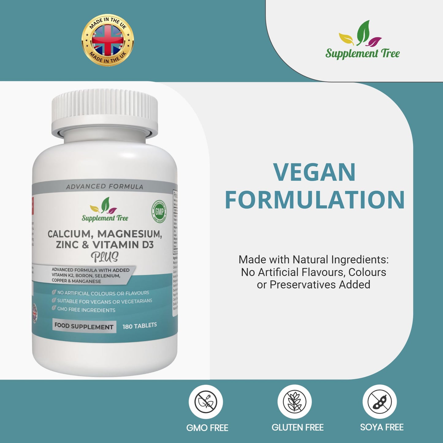Supplement Tree Calcium Magnesium Zinc and Vitamin D Plus Vitamin K2 MK-7 Supplement - 180 Vegan Tablets - High Strength Calcium Tablets Complex with Vitamin K2 Copper Manganese Selenium & Boron - UK Made