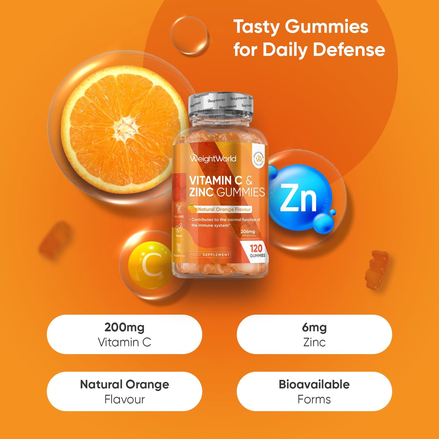 WeightWorld Vitamin C and Zinc Gummies - 120 Tasty Gummies - Natural Orange Flavour - 2 per Day - Gluten-Free, Vegan-Friendly & Non-GMO - Bioavailable Forms (L-Ascorbic Acid & Zinc Citrate)