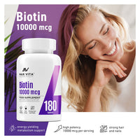 MAX VITA MAXIMUM VITALITY Biotin 10,000mcg High Strength Supplement for Men and Women|Supports Healthy Hair, Skin & Nails|180 Vegetarian Tablets (Non-GMO, Gluten Free) Made in The UK