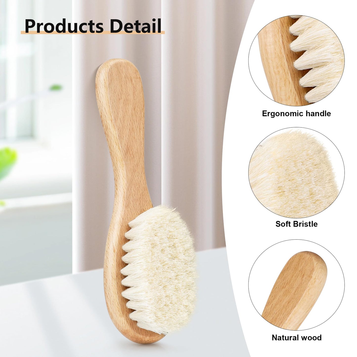 Molylove Baby Hair Brush with Wooden Handle and Super Soft Goat Bristles for Newborns, Infant, Toddlers, Kids