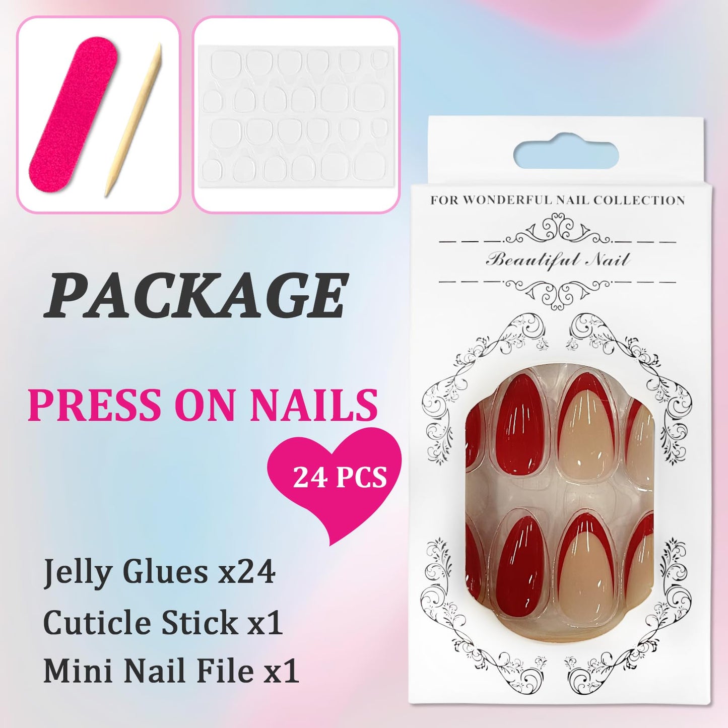 Ceboic Almond False Nails Medium, 24Pcs French Tip Press on Nails Red Ripple Gel Fake Nails 12 Sizes, Natural Glue on Nails Full Cover Acrylic Oval Stick on Nails for Women and Girls