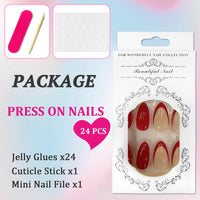 Ceboic Almond False Nails Medium, 24Pcs French Tip Press on Nails Red Ripple Gel Fake Nails 12 Sizes, Natural Glue on Nails Full Cover Acrylic Oval Stick on Nails for Women and Girls