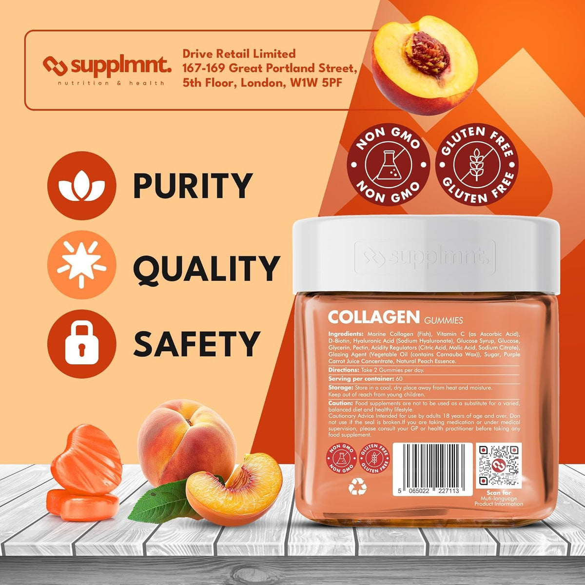 supplmnt. Supplmnt. Marine Collagen Gummies, Hydrolysed Collagen Peptides w/Biotin, Hyaluronic Acid & Vitamin C, Collagen Supplements for Women & Men, Collagen for Skin, Hair & Nails (One Size, Peach)