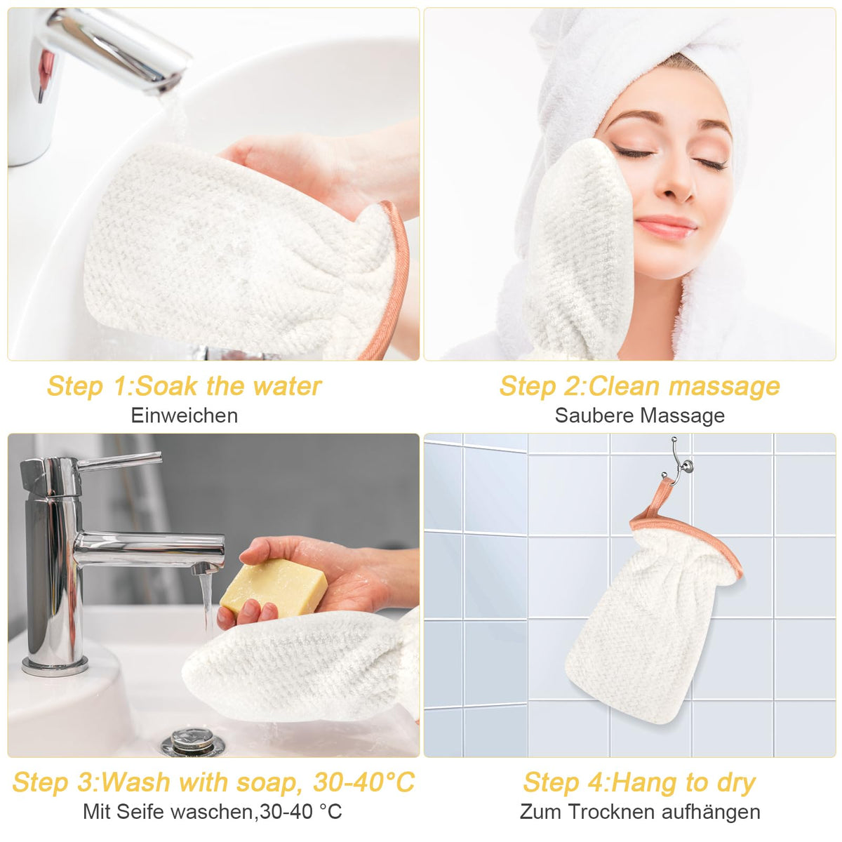 PHOGARY Microfiber Wash Mitt for Body & Face, Super Soft Absorbent Washcloth, Coral Fleece Face Cloth Bath Mitts for Child Adult, Washable Makeup Remover Cleansing Cloths,4 Pack,13x20cm