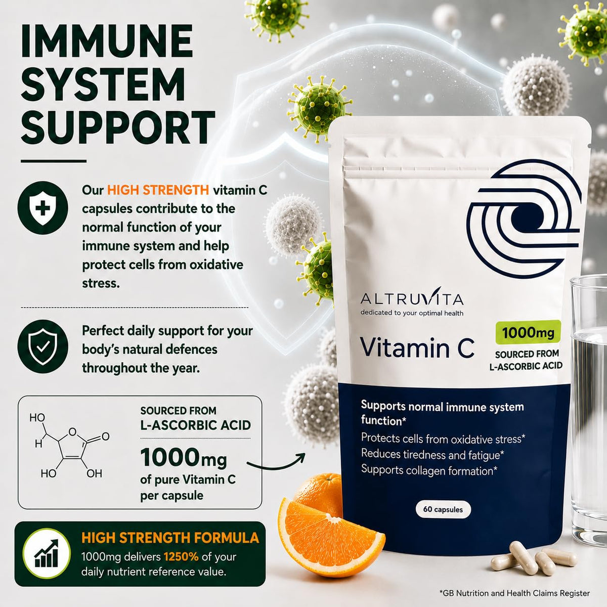 Altruvita AltruVita Vitamin C Supplement 1000mg, High Strength, High Absorption, Supports Immune Health, Antioxidant Protection, Reduces Fatigue, 60 Capsules, 2-Month Supply Vegan, Made in the UK