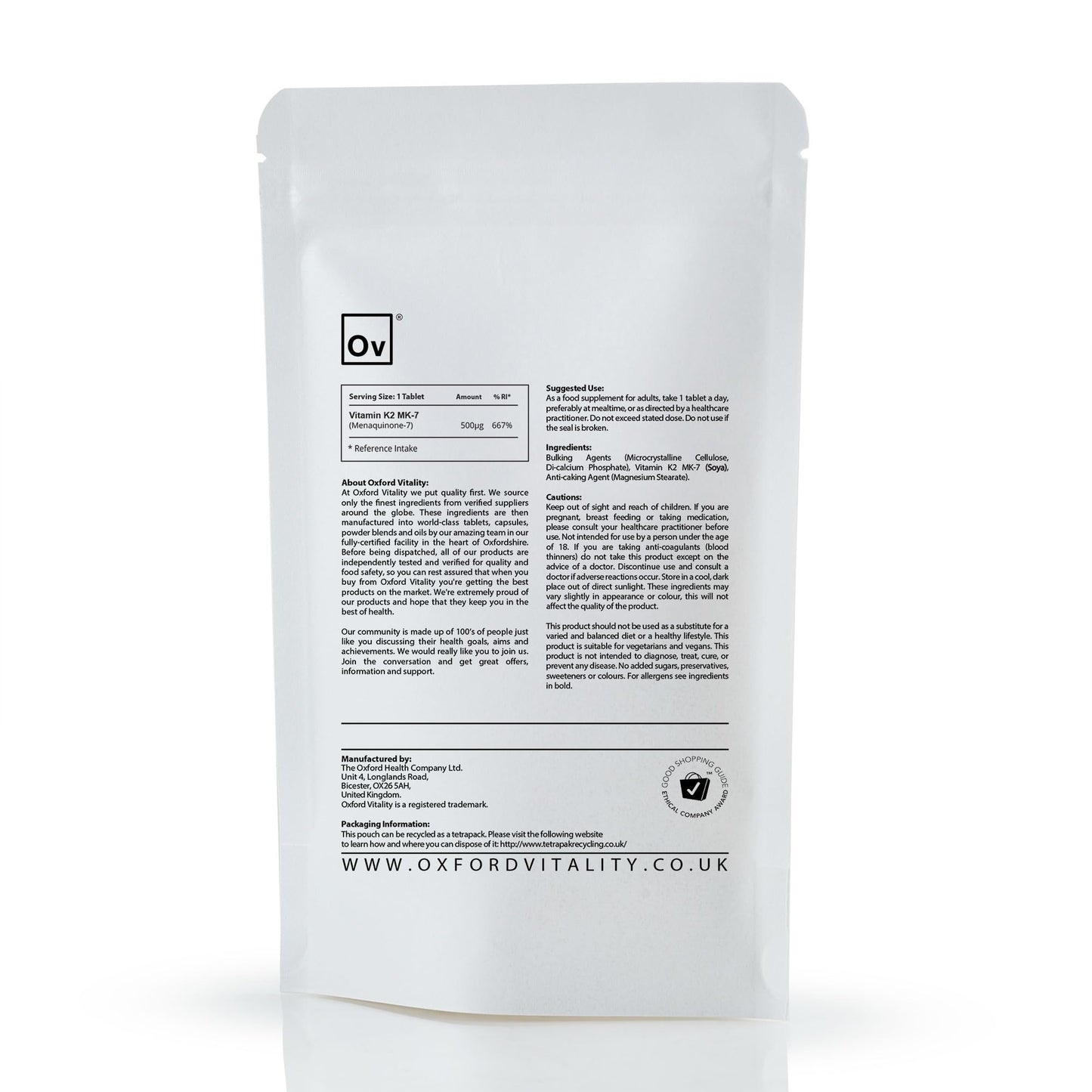 Ov OXFORD VITALITY Vitamin K2 MK-7 | High Strength 500µg Tablets for Blood and Bone Health | Oxford Vitality