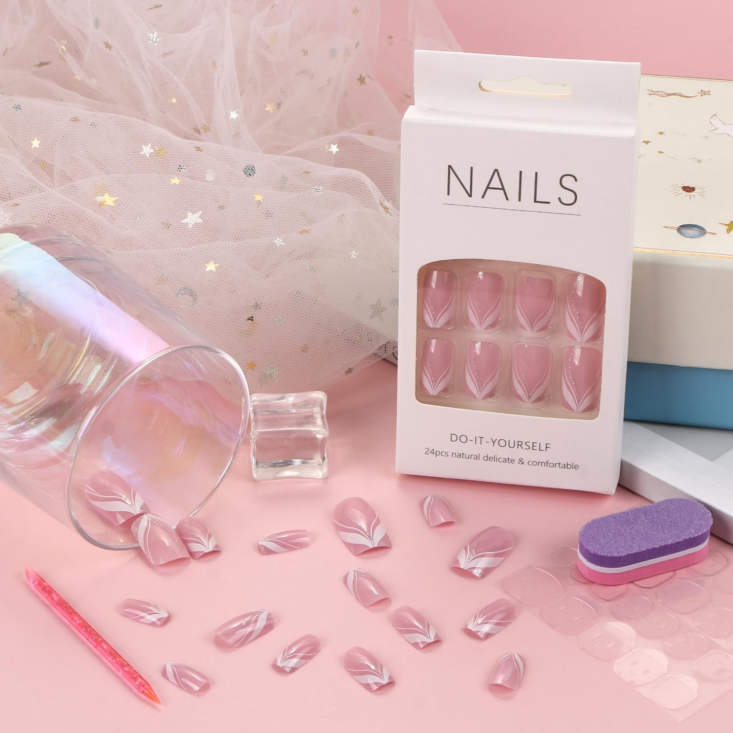 24Pcs False Nails,UHOMENY Square False Nails Short Long Fake Nails Acrylic Stick on Nails for Women Girls Nail Art Press on Nails with manicure kit (Pink, White, Silver, 12 size)