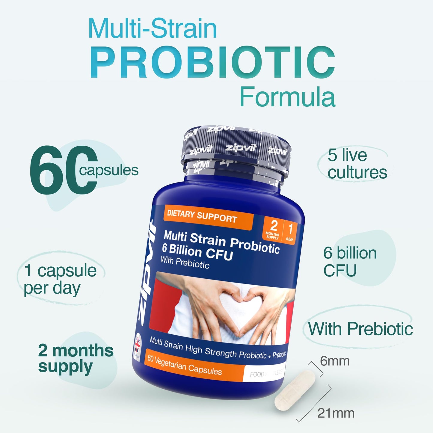 Zipvit Probiotics 6 Billion CFU with Prebiotic, Includes Lactobacillus & Bifidobacterium, Multi Strain Probiotic, 60 Vegetarian Capsules, 2 Months Supply