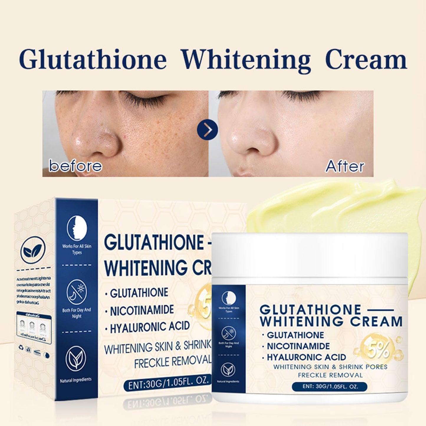 KOAHDE Glutathione Brightening Face Cream,Glutathione Anti-Aging Face Cream,Glutathione Skin-Lightening-Cream,Facial Dark Spots Remover,Glutathione Whitening-Cream,Glutathione Hydrating & Whitening Cream,30G