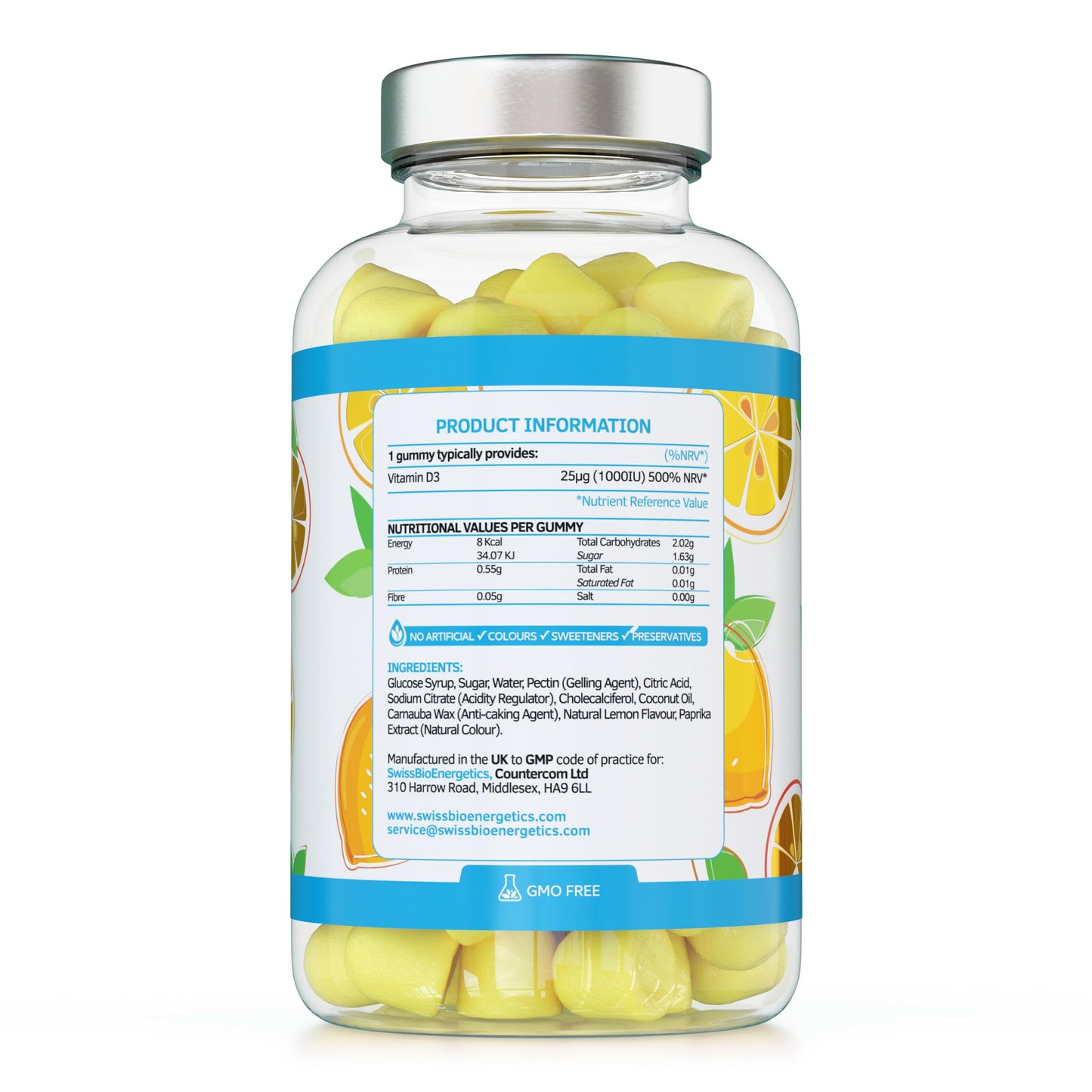 swiss bioenergetics Vitamin D3 Gummies 25µg 1000IU - 60 Natural Lemon Flavour Chewable Yummy Gummies - 2 Month Supply - Made in The UK