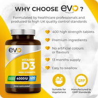 EVO NUTRITION Vitamin D 4000IU High Strength Supplement | 400 Vitamin D3 Tablets - 13 Months' Supply | VIT D3 | One-a-Day | High Absorption Cholecalciferol | Made in UK