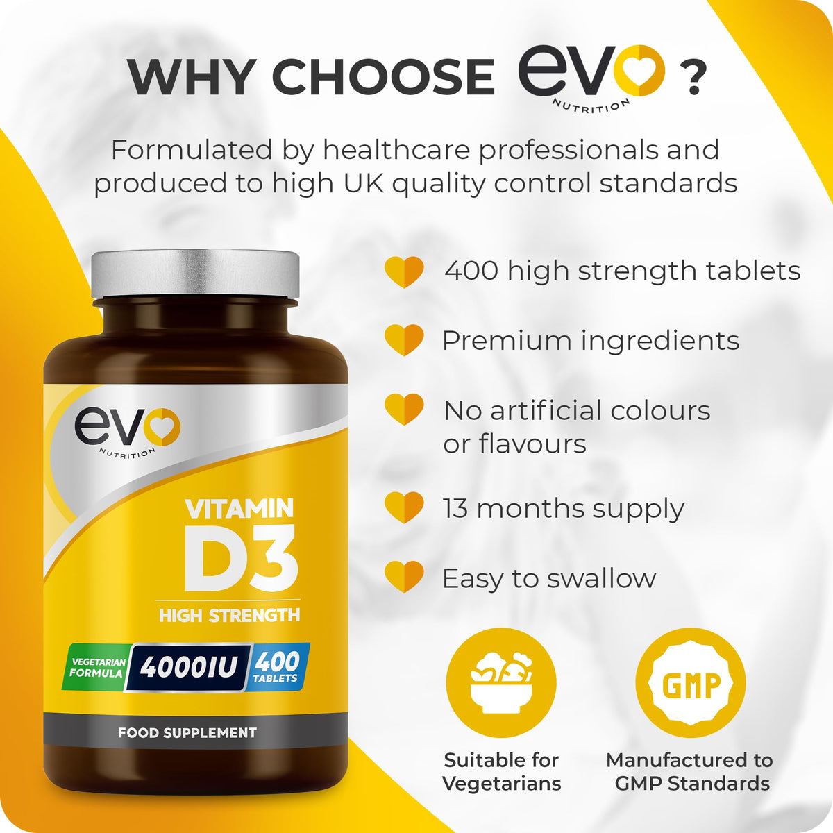 EVO NUTRITION Vitamin D 4000IU High Strength Supplement | 400 Vitamin D3 Tablets - 13 Months' Supply | VIT D3 | One-a-Day | High Absorption Cholecalciferol | Made in UK