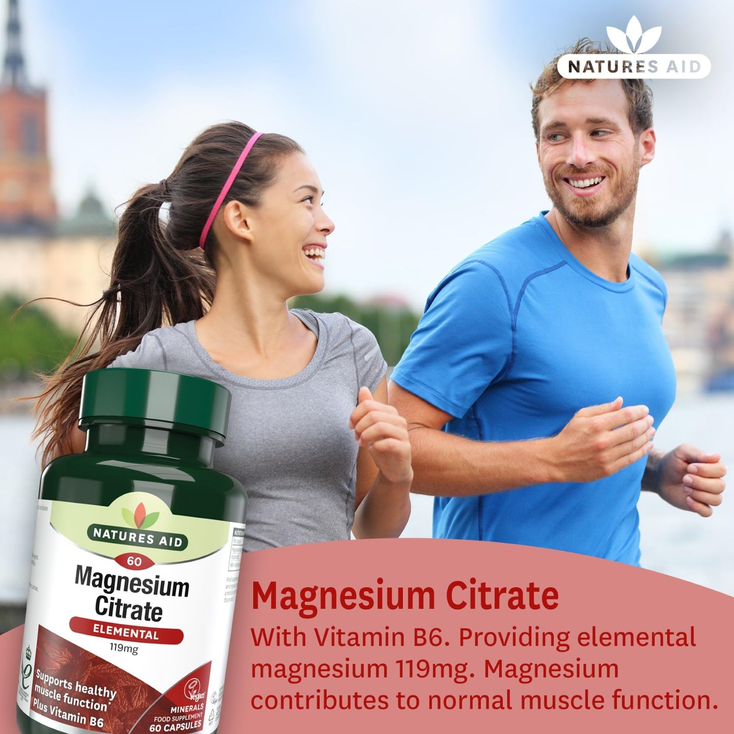 Natures Aid Magnesium Citrate 750mg with Vitamin B6 – High Absorption Vegan Capsules – Supports Muscle, Nerve & Bone Health and Stress Relief – Non-GMO, Gluten-Free – 60 Capsules