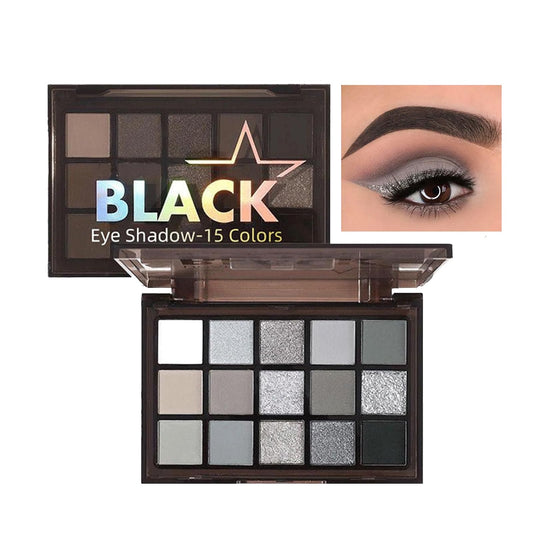QUIWEN Black Eyeshadow Palette, Smokey Eye Shadow Pallets For Women, 15 Colour Matte Glitter Eyeshadow Palette, Black Silver Gray White Eyeshadow, Cold Tone Long Lasting Highly Pigmented Gothic Eye Makeup