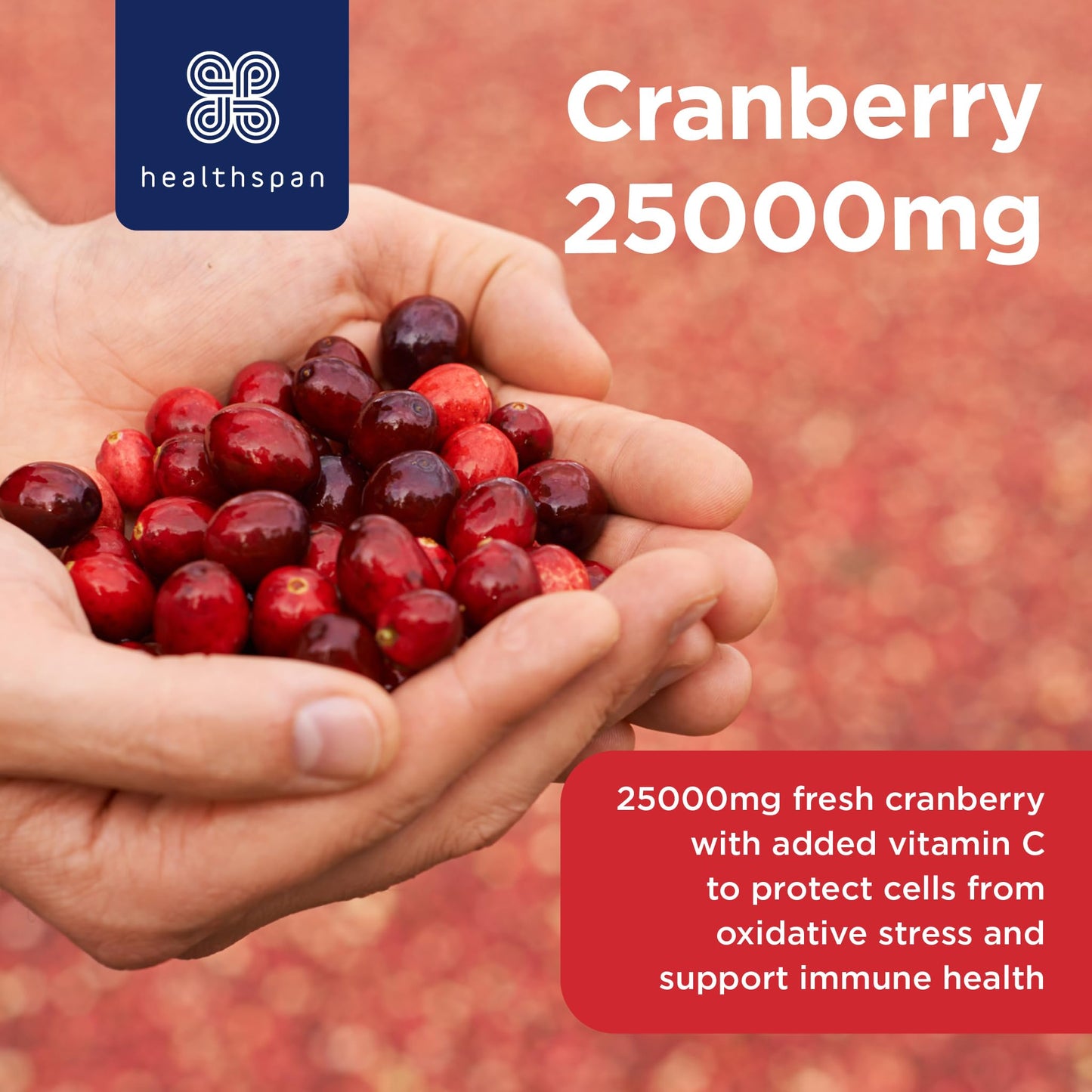 Healthspan Super Strength Cranberry (60 Capsules) | for Immune Health and Wellbeing | Equivalent to 25000 mg Whole Fresh Cranberries | Highly Concentrated Formulation | Added Vitamin C | Vegan