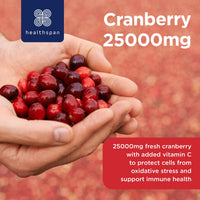 Healthspan Super Strength Cranberry (60 Capsules) | for Immune Health and Wellbeing | Equivalent to 25000 mg Whole Fresh Cranberries | Highly Concentrated Formulation | Added Vitamin C | Vegan