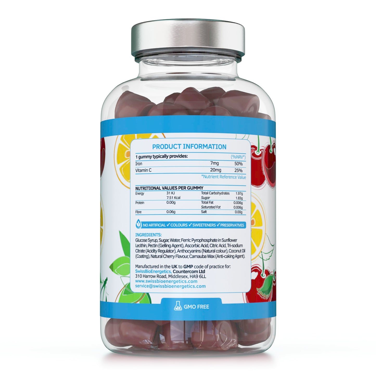 swiss bioenergetics Iron Gummies with Added Vitamin C - 60 Natural Cherry Flavour Chewable Yummy Gummies - 2 Month Supply - efficient Absorption and gentler Digestion Formula - Made in The UK