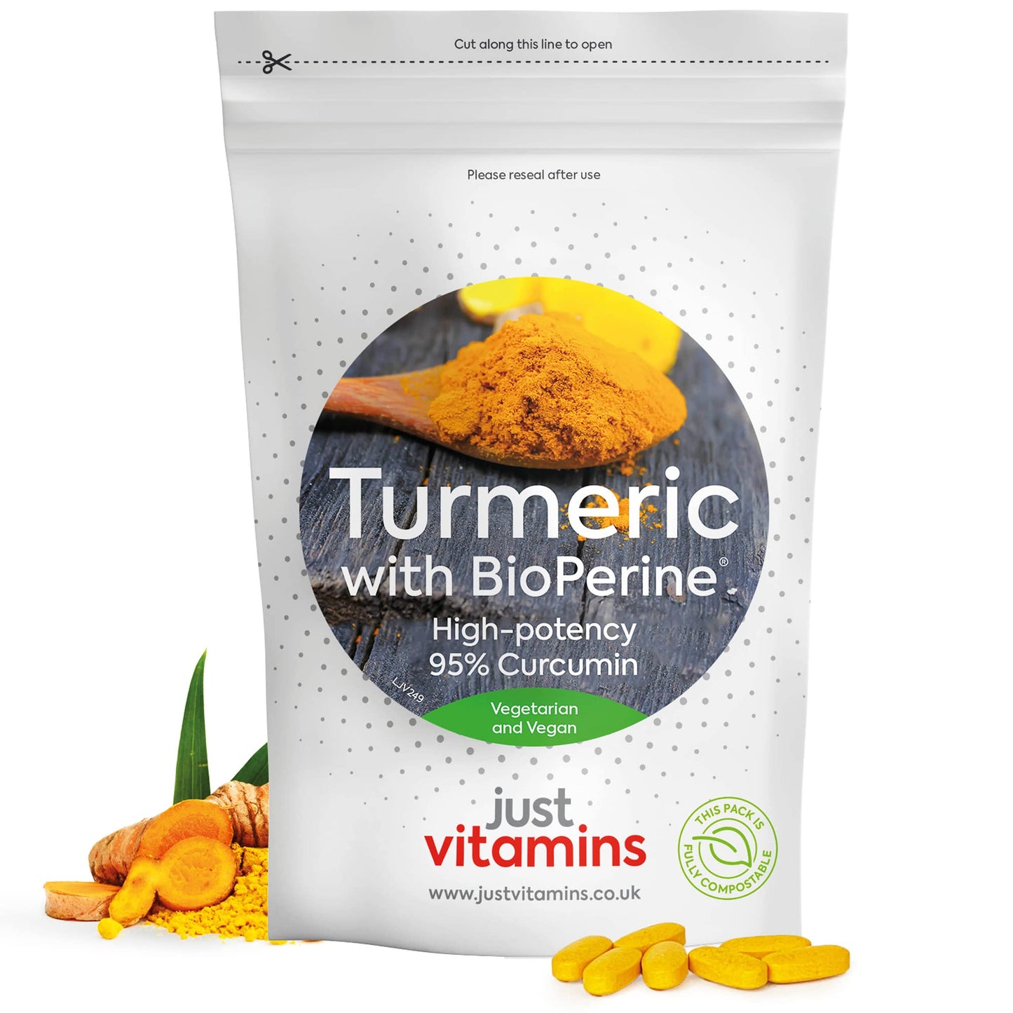 Just Vitamins High Strength Turmeric Curcumin 95% + Black Pepper Bioperine® 10,000mg Tablets x120, 4 Month Supply, Advanced Turmeric Supplement with Patented Black Pepper Extract for Max Absorption - UK Made