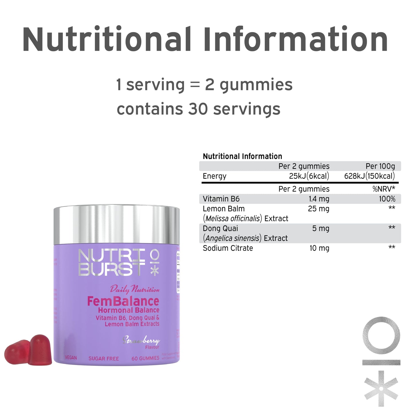 Nutriburst - FemBalance Hormone Balance for Women - Vegan Vitamin B6, Lemon Balm + Dong Quai - Regulate Hormones, Support Nervous System + Reduce Tiredness - 3 x 60 Gummies / 3 Month Supply