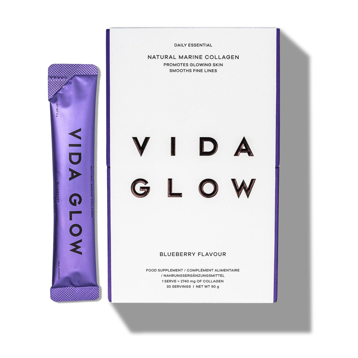 Vida Glow - Natural Hydrolysed Marine Collagen Sachets | Promotes Glowing Skin + Smooths Fine Lines (Blueberry, 30 Sachets)