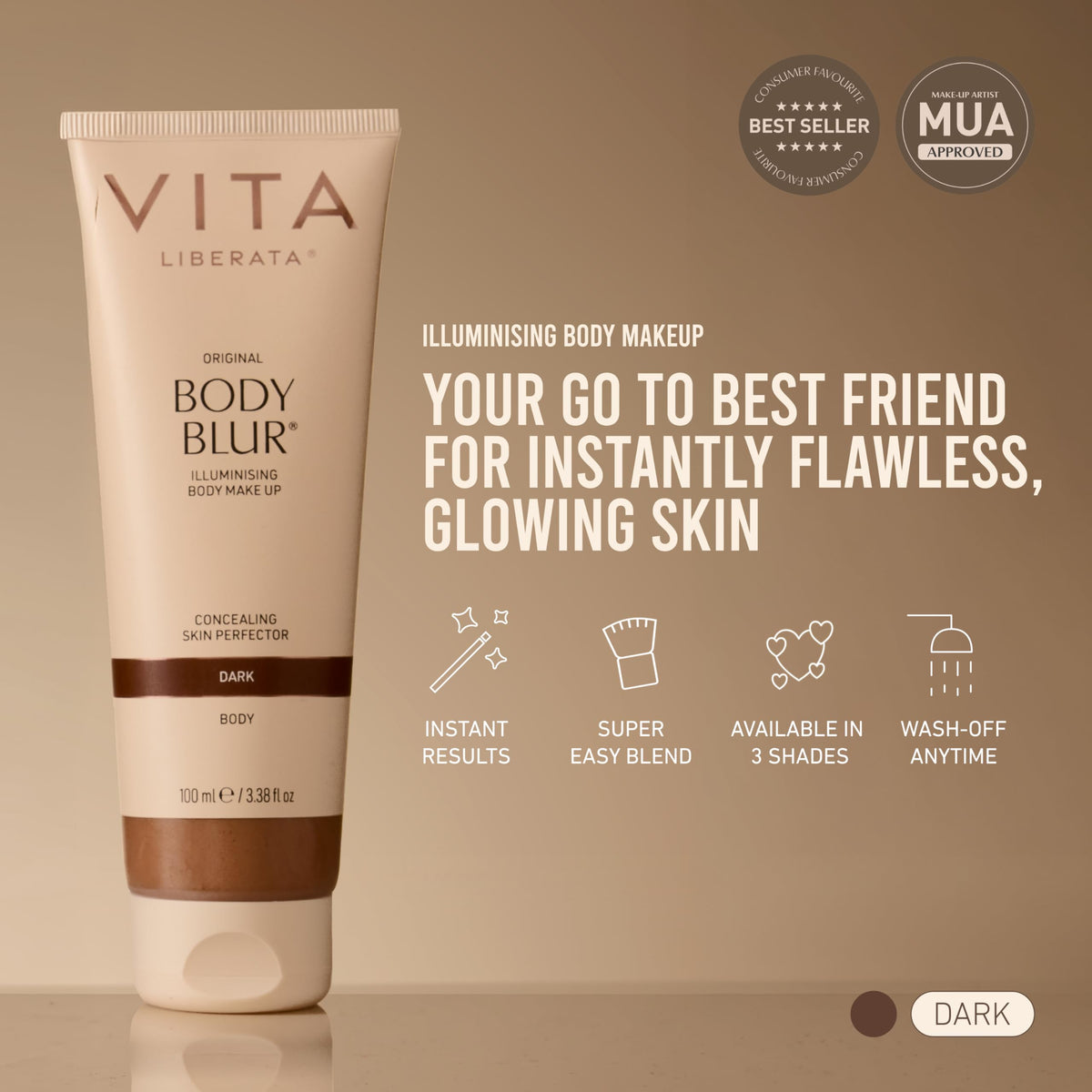 VITA LIBERATA Body Blur Dark 100ml & Mitt Bundle, Leg & Body Makeup, Skin Perfector, Wash Off Instant Tan, Streak Free Application Mitt, Water Resistant, Disguise Imperfections