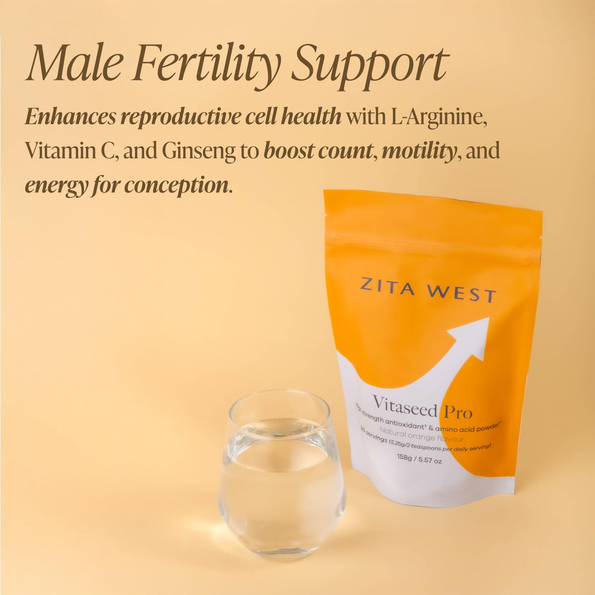Zita West Vitaseed Pro – Male Fertility Supplement Powder with Antioxidants & Amino Acids – Supports Reproductive Cell Count, Motility & Energy - 30 Servings (1 Month Supply)