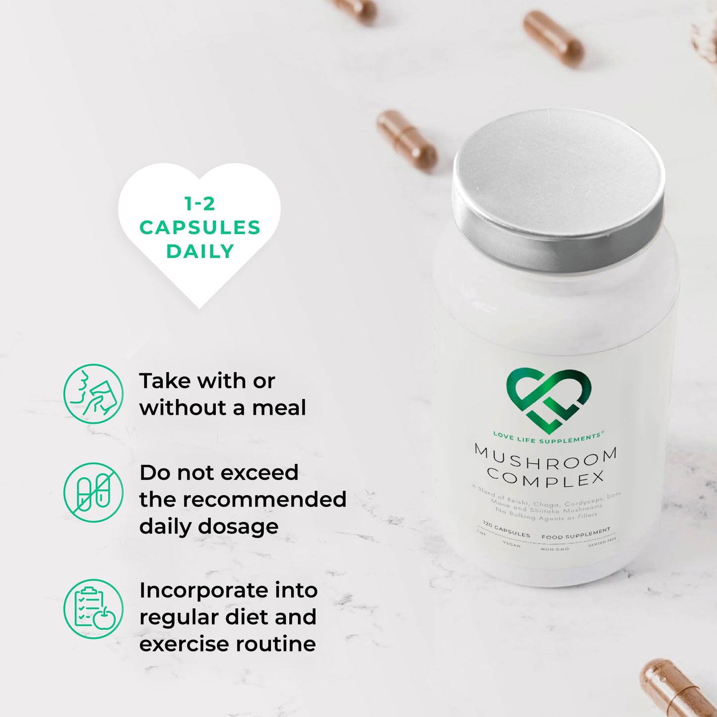 LOVE LIFE SUPPLEMENTS Mushroom Complex by LLS | Contains 1000mg Reishi, Chaga, Cordyceps, Lions Mane and Shiitake Mushrooms | 120 Capsules - 2 Month Supply | No Fillers | Vegan | Love Life Supplements