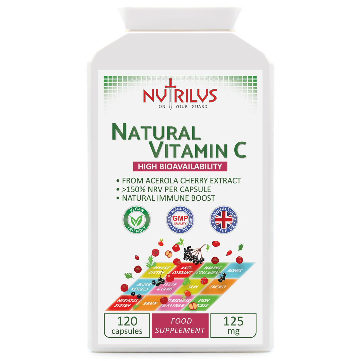 Nutrilus Natural Vitamin C Capsules from Acerola Cherry 500mg Extract - High Bioavailability Supplement - not Ascorbic Acid - Fruit and Herbs Extracts - not Tablets (120 Capsules)