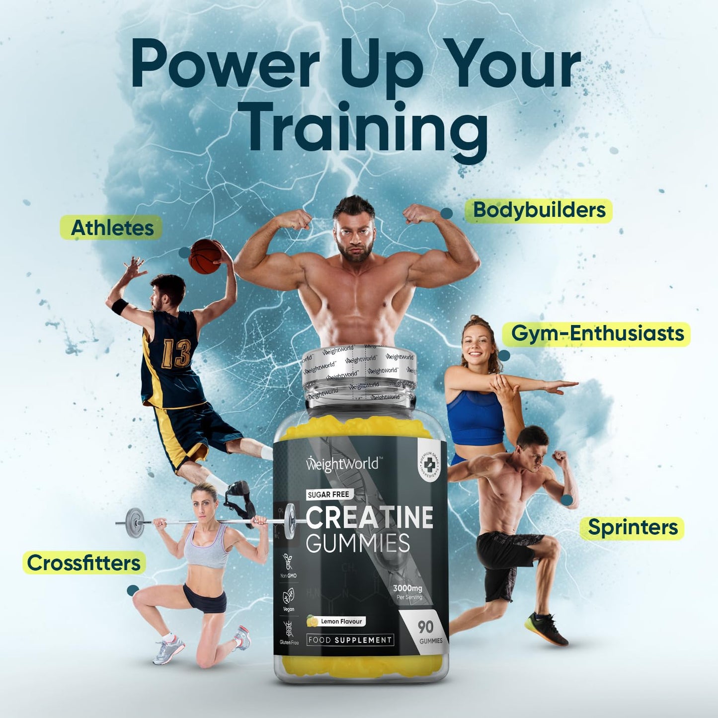 WeightWorld Creatine Gummies 3000mg for Men & Women - 90 Chewable Creatine Monohydrate Gummies (1 Month Supply) - Natural Lemon Flavoured Creatine - Pre Workout Gym Supplement (Not Creatine Monohydrate Tablets)