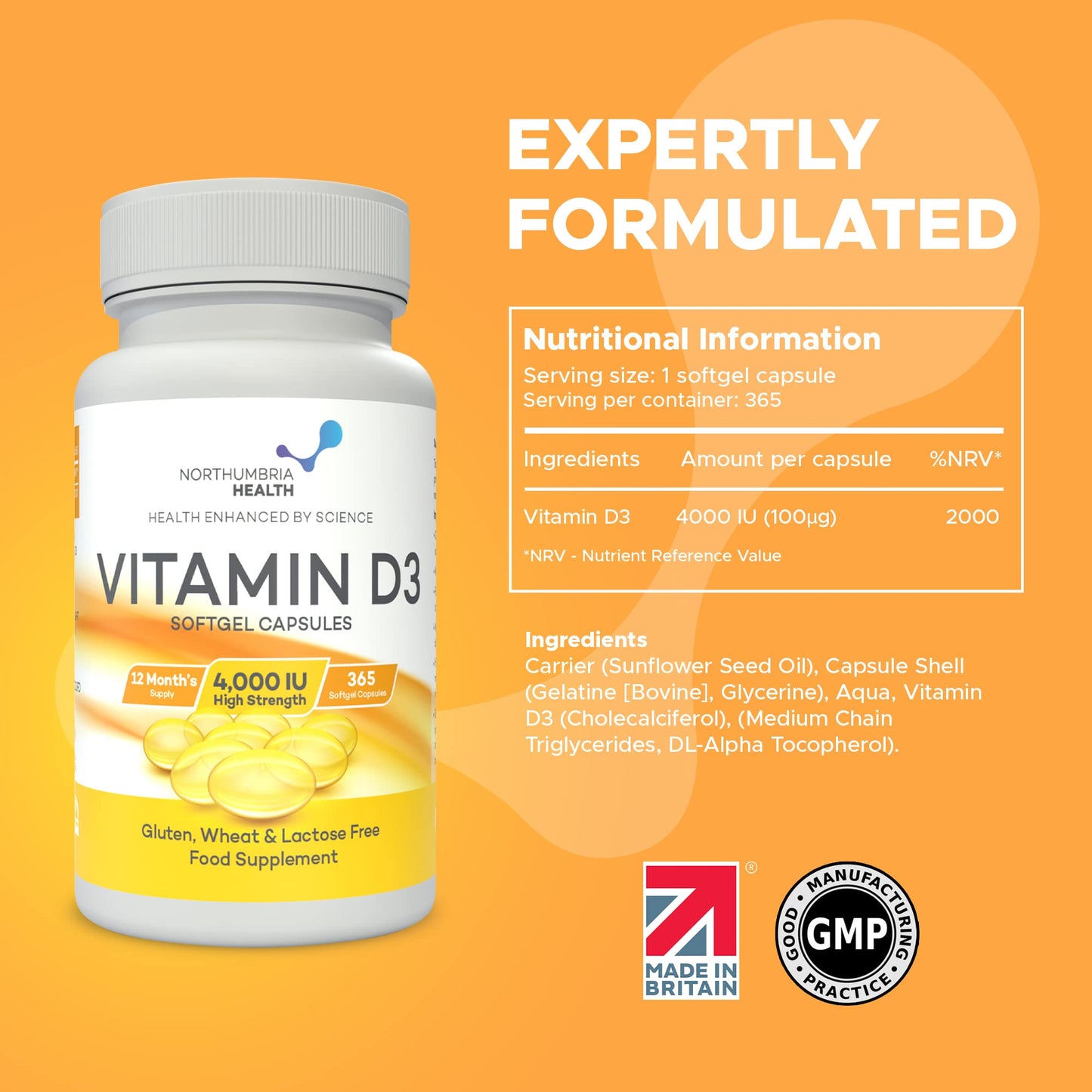 Northumbria Health Vitamin D3 Softgel Capsules, High-Strength D3 Vitamins for Immune Support and Calcium Absorption, Easy to Swallow Vitamin D Softgel Capsules, No Additives or GMO, 365 Capsules