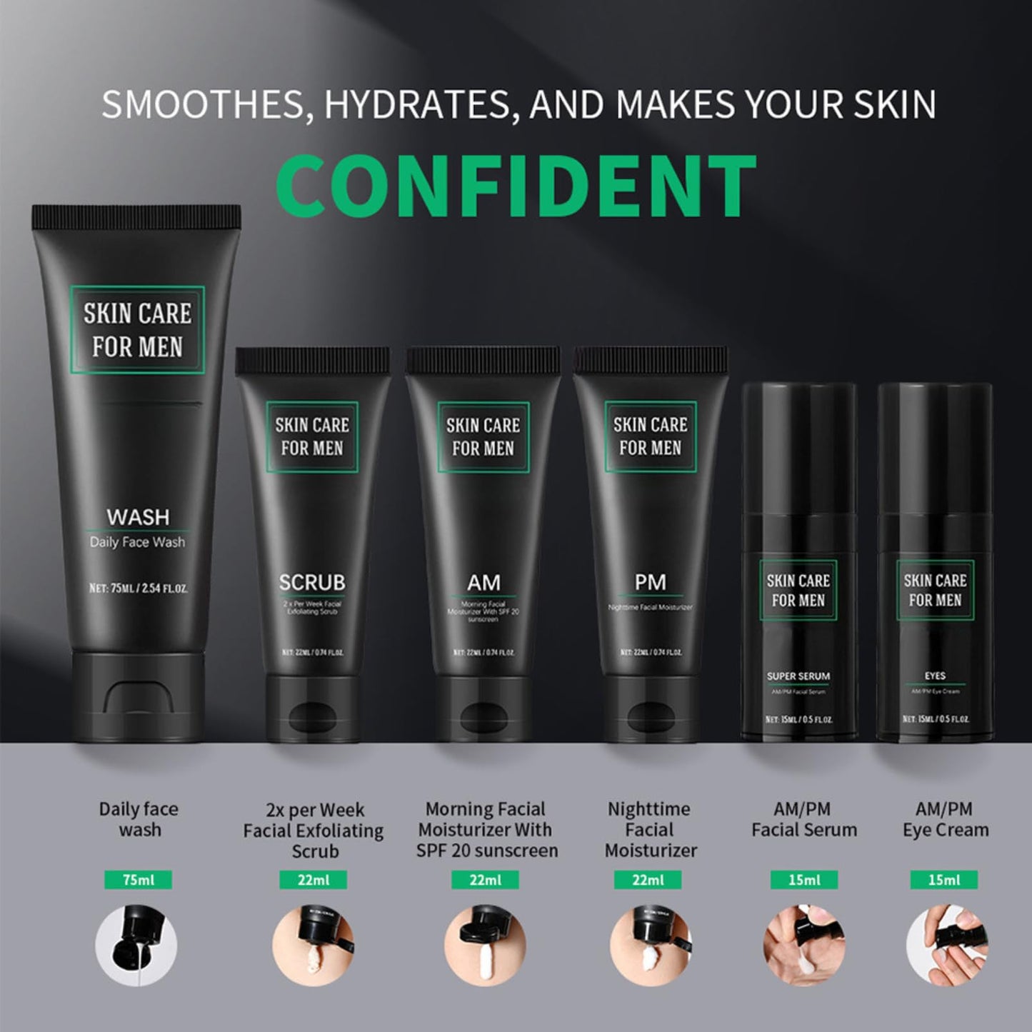 ISBEAUSOLS 6PCS Mens Skincare Set & Kits: Face Wash, Face Scrub for Men, SPF 20 Face Moisturiser Men, Night Cream, Face Serum, Eye Cream - Smoothes & Hydrates & Controls Oil - Perfect Mens Gift Set