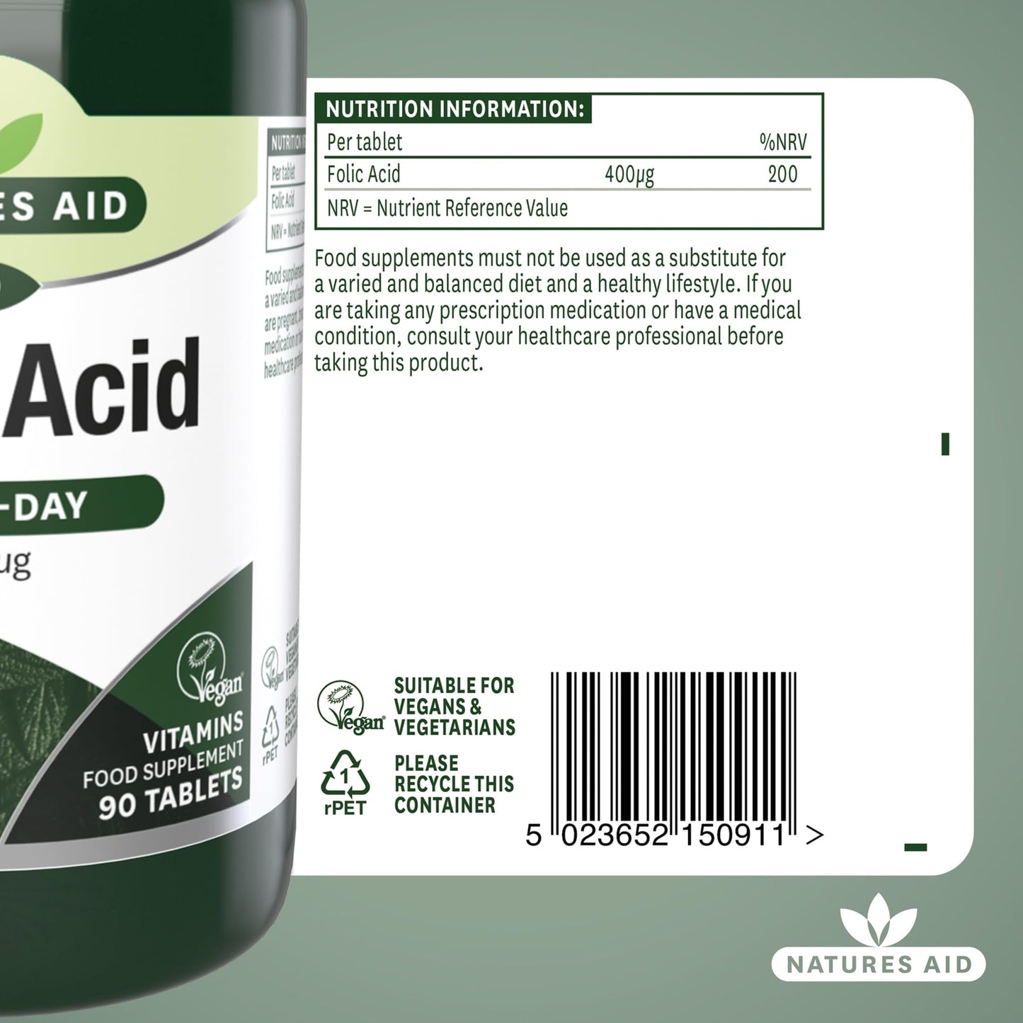 Natures Aid Folic Acid 400mcg – Supports Prenatal Health, Red Blood Cell Formation, DNA Synthesis – Vegan, Non-GMO, Gluten-Free – High Potency Natural Supplement – 90 Tablets
