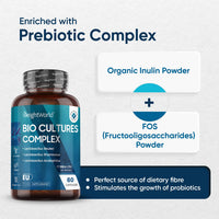 Bio Cultures Complex Probiotics and Prebiotics - 77 Billion CFU - 20 Live Bacterial Cultures - 60 Probiotic Complex Capsules for Women & Men - Lactobacillus Acidophilus, Gasseri, Rhamnosus & Reuteri