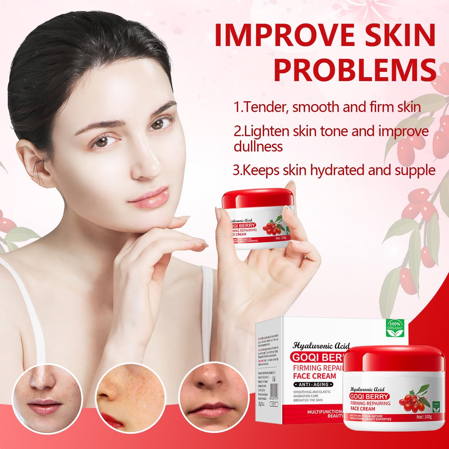 Ninnyi 2PCS Goji Berry Facial Cream for Ladies, Moisturizers Berry Facial Cream for Women
