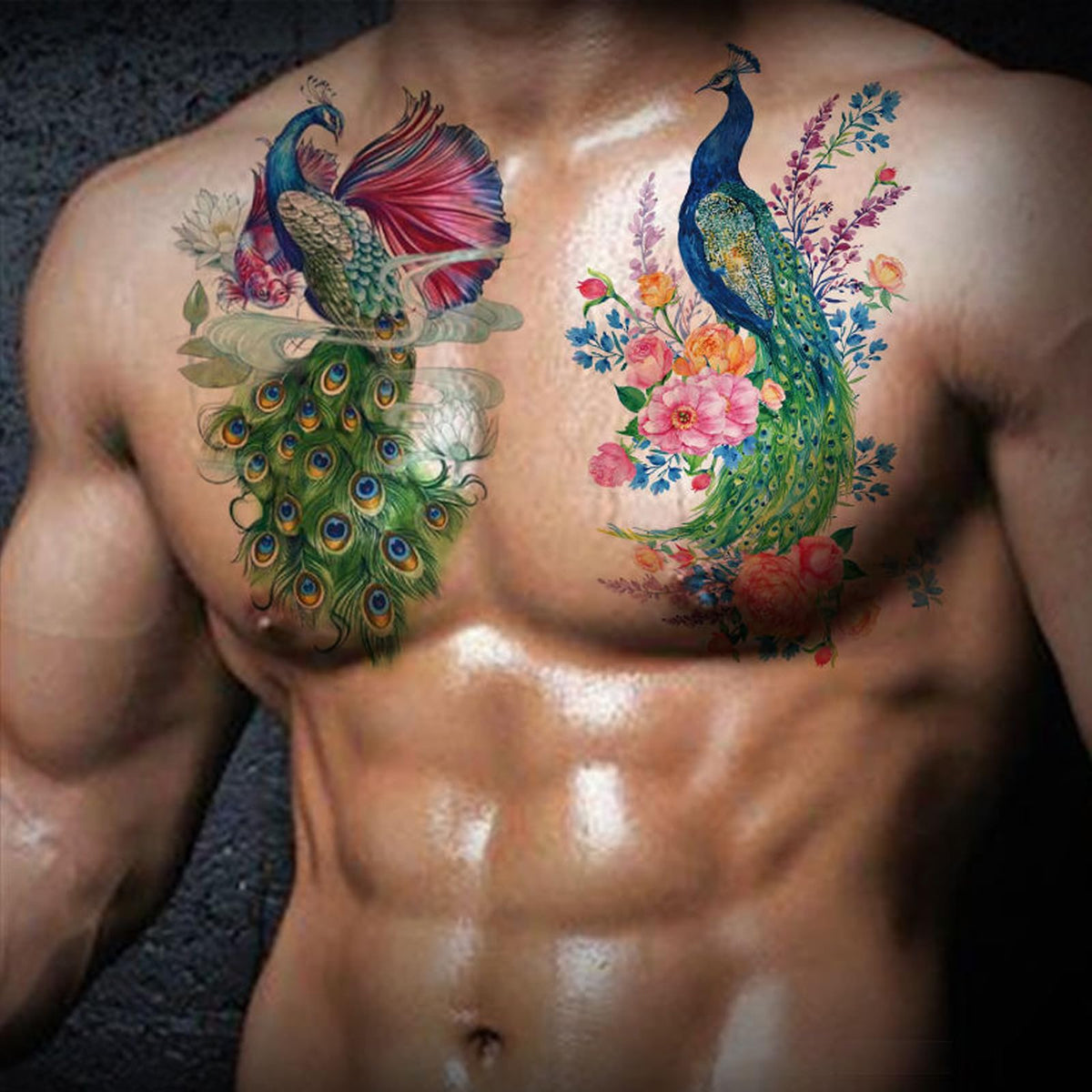 Nirbffo Large Temporary Tattoos Peacock Flowers Legs Arm Belly Back Waterproof Sticker 4 Sheets
