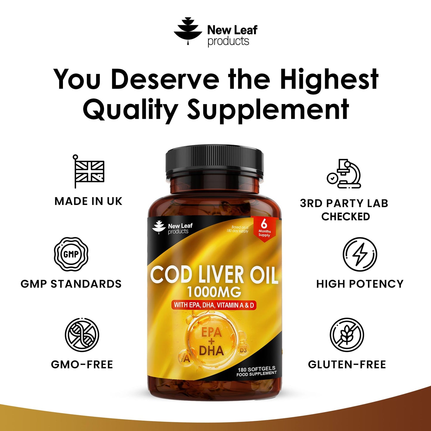 NEW LEAF PRODUCTS Cod Liver Oil Softgels 1000mg - 180 Cod Liver Soft gels High Strength Softgels- Cod Liver Oil Rich in Omega 3 EPA DHA Fatty Acids + Vitamins A & D, High Strength Fish Oil - UK Made, by New Leaf