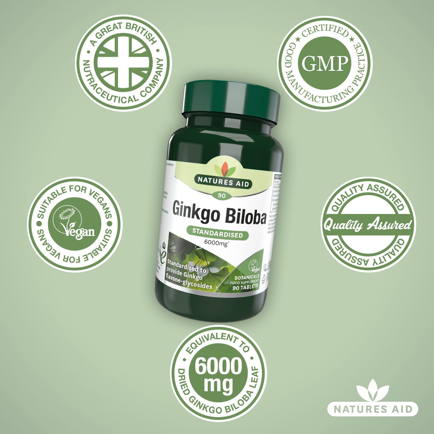 Natures Aid Ginkgo Biloba 6000mg High Strength - Supports Brain Function, Memory & Circulation Natural Antioxidant Food Supplement - Vegan, Non-GMO, Gluten-Free - 90 Tablets