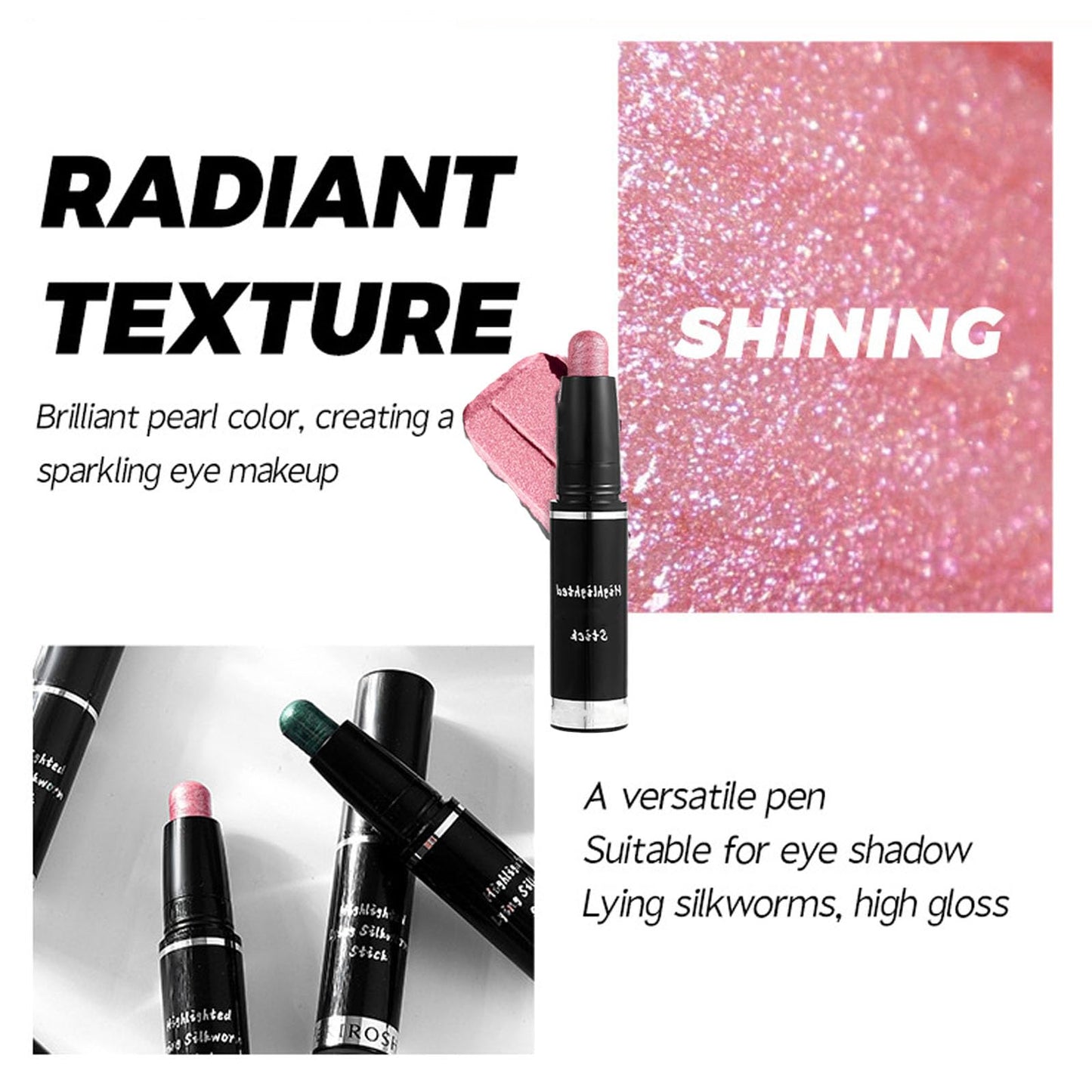 LYNTYAOU Rose Pearl Pink Shimmer Eyeshadow Stick, Bright Pink Color Pen, Metallic Mermaid Cream Eye Shadow Crayon, Pearlescent Glitter Eyeshadows Pencil, High Pigmented Eyeliner Smooth for Eyes Makeup