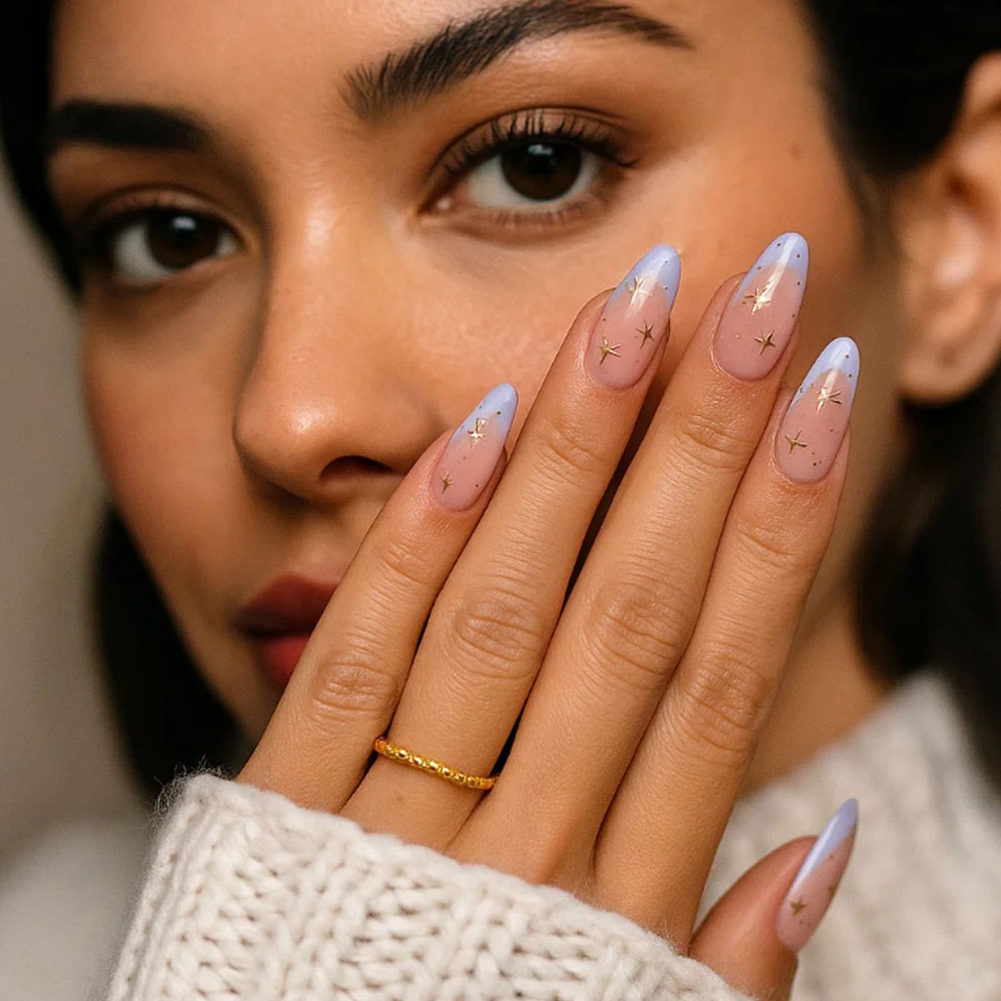 Generic Twilight Sky Lavender French Almond Nail Tips With Gold Star Accents - Short Glossy High-Shine Artificial Manicure Set For Elegant Women Includes Application Tools, Premium Acrylic False Nails