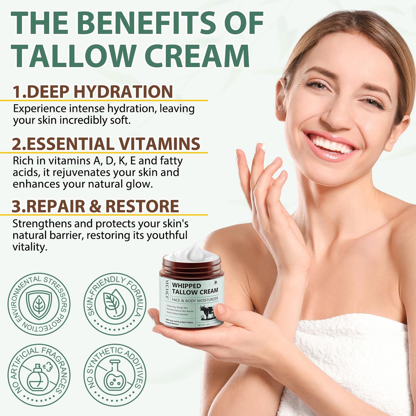 XAYGHE Beef Tallow Honey Balm - Organic Grass Fed Tallow Face Cream - Deeply Nourishing & Moisturizing Beef Tallow Skin Care for for Dry Skin, 120g