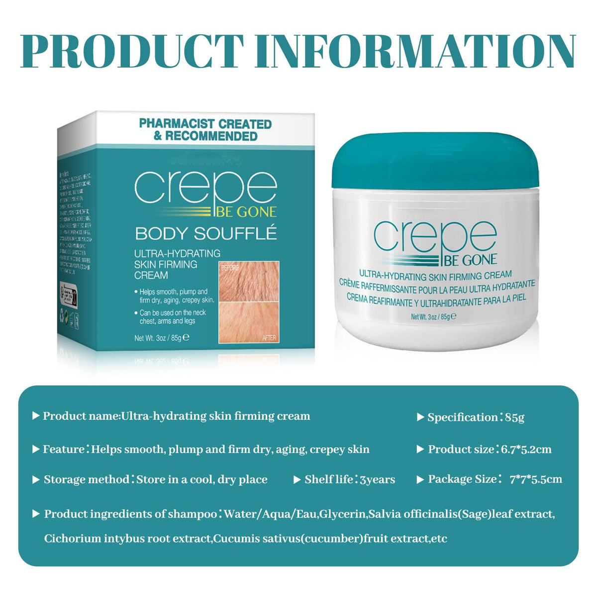 TINCAI Crepe Be Gone Body Souffle - 85g Firming Neck Cream,Ultra Hydrating Crepe Skin Firming Cream for Chest,Arms & Legs,Crepe Eraser for Women,Skincare Body Cream for Deep Hydration
