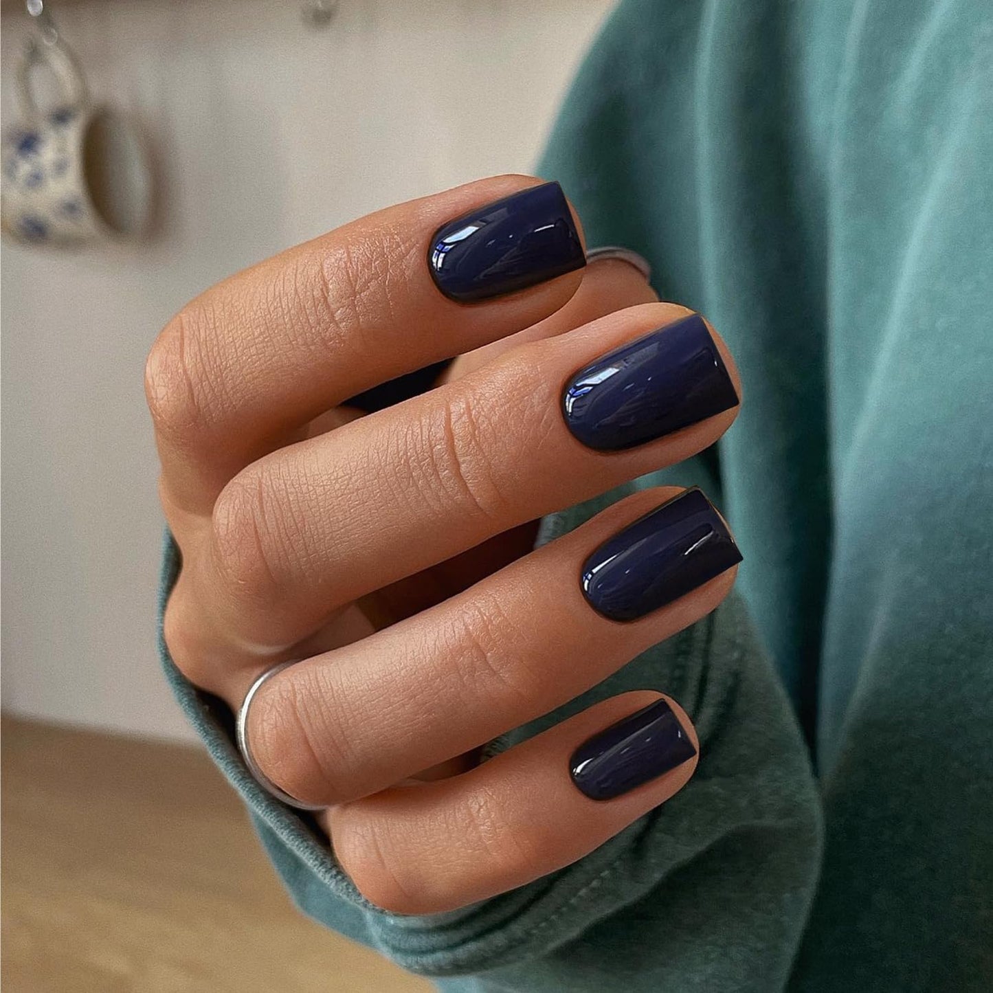 KQueenest Acrylic Press on Nails Short Square, Dark Blue False Nails Short Coffin, Glossy Natural Solid Color Small Fake Nails Set, Reusable Gel Stick on Nail for Women Finger Daily Wear 24 Pcs
