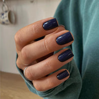 KQueenest Acrylic Press on Nails Short Square, Dark Blue False Nails Short Coffin, Glossy Natural Solid Color Small Fake Nails Set, Reusable Gel Stick on Nail for Women Finger Daily Wear 24 Pcs