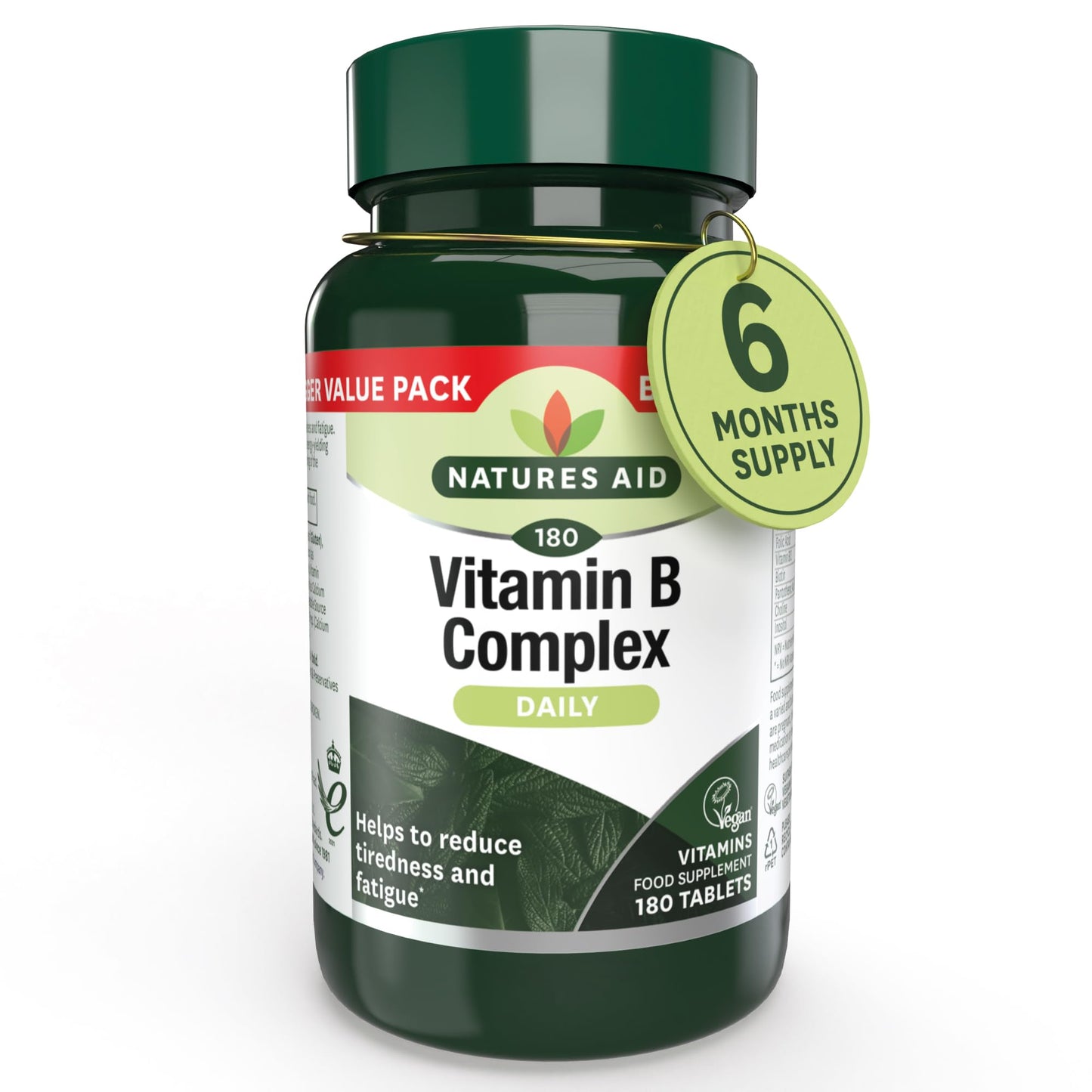 Natures Aid Vitamin B Complex - 180 Tablets - Complete B1 B2 B3 B5 B6 & Vitamin B12 Supplement Support for Energy Tiredness Fatigue Metabolism Function - Vegan Not Gummies or Capsules 6 Months Supply