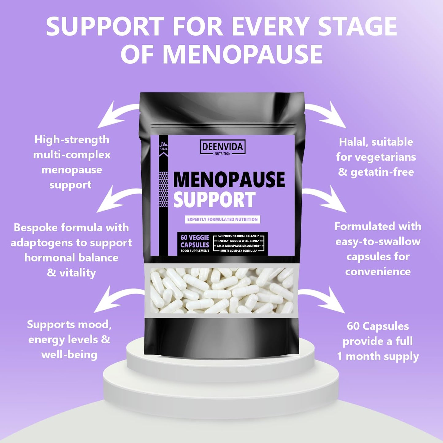 DEENVIDA NUTRITION Halal Menopause Supplements for Women, Perimenopause & Menopause Support, Multi-Nutrient Wellbeing Support, Suitable for Vegetarians, 1 Month Supply, 60 Capsules, DeenVida Nutrition
