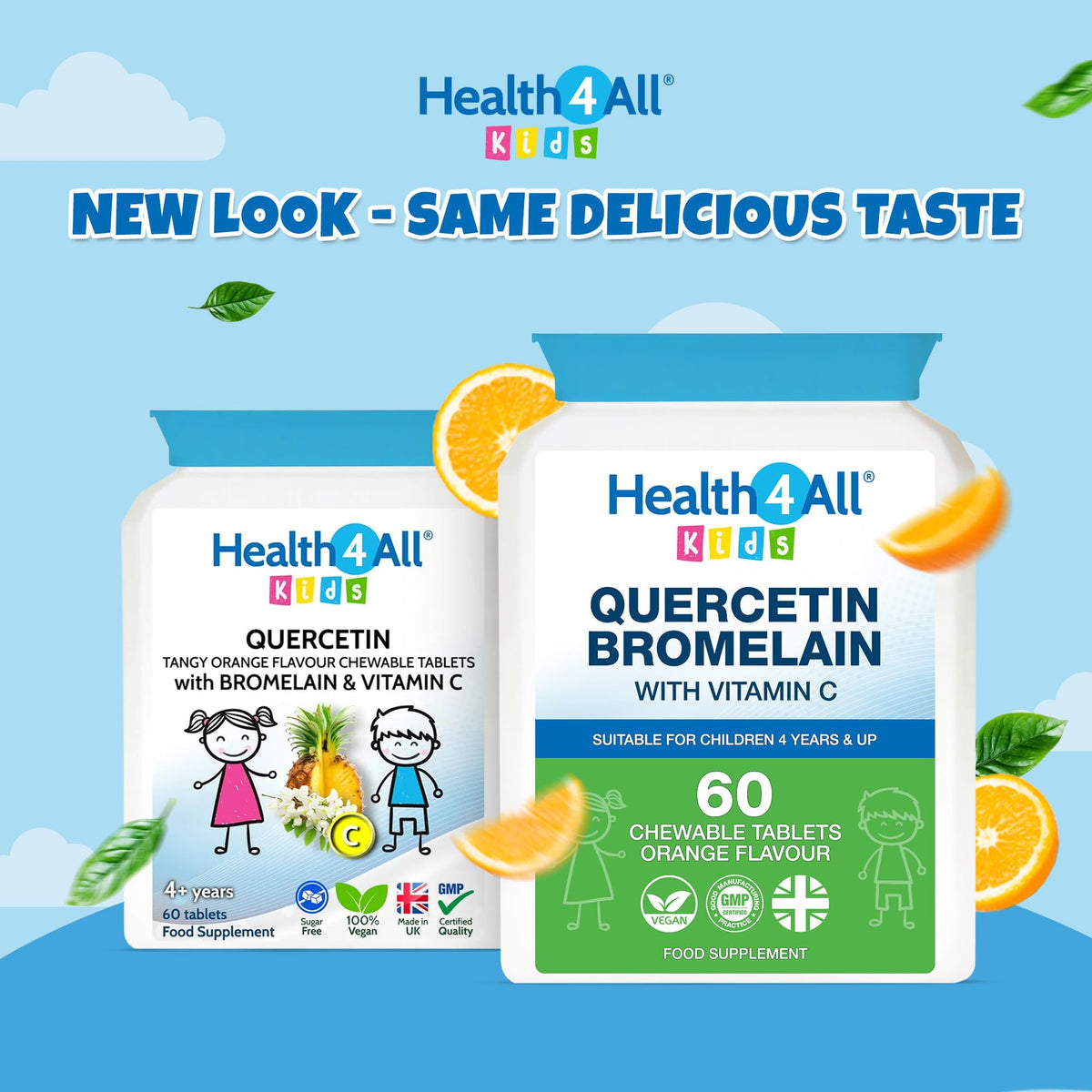 Health4All Kids Quercetin with Bromelain and Vitamin C, 60 Chewable Tablets, Vegan Natural Antihistamine Supplement, Inflammation Support, Sugar-Free Orange Flavour | Made in UK
