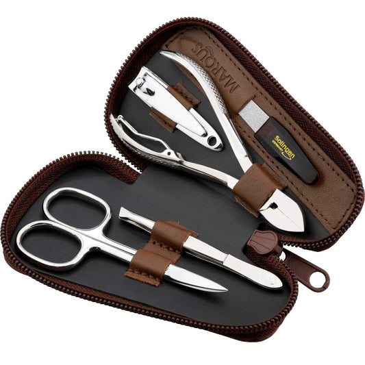marQus Marqus Manicure Set for Women and Men - 5-Piece Grooming Kit with Nail Nippers and Clippers - Real Leather Case - Perfect for Travelling or as a Gift, Brown